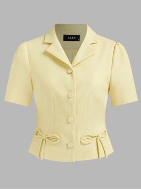 CIDER Butter Yellow Jacquard Notched Collar Short Sleeve Blazer Top Size Large